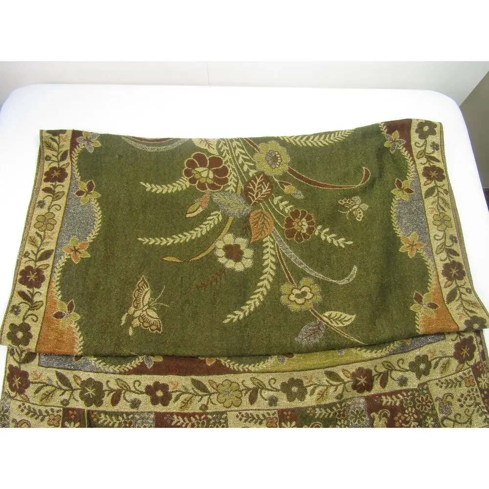 Olive Green Floral Knit Tassel Scarf‎ Wrap Cover Accessories Leaf Elegant Boho